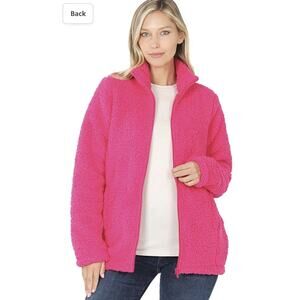 Zenana bright pink fluffy teddy zip up Turtleneck jacket with pockets